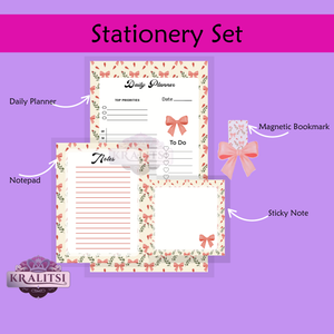 Bow & Bloom Stationery Set- Hand-made Coquette Bow Daily Planner Notepad Set | Cute Pink Stationery Gift | Notes Pad + Sticky Notes + Bookmark | Aesthetic Desk Supplies