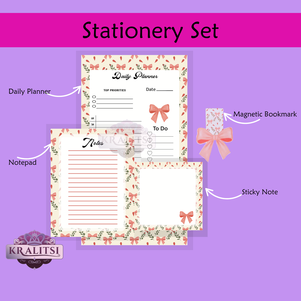 Bow & Bloom Stationery Set- Hand-made Coquette Bow Daily Planner Notepad Set | Cute Pink Stationery Gift | Notes Pad + Sticky Notes + Bookmark | Aesthetic Desk Supplies