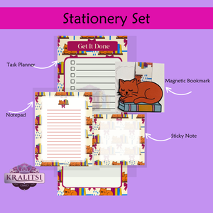 Bookish Stationery Set | Cat To-Do List, Notepad, Sticky Notes & Magnetic Bookmark | Cute Desk Accessories for Readers & Students