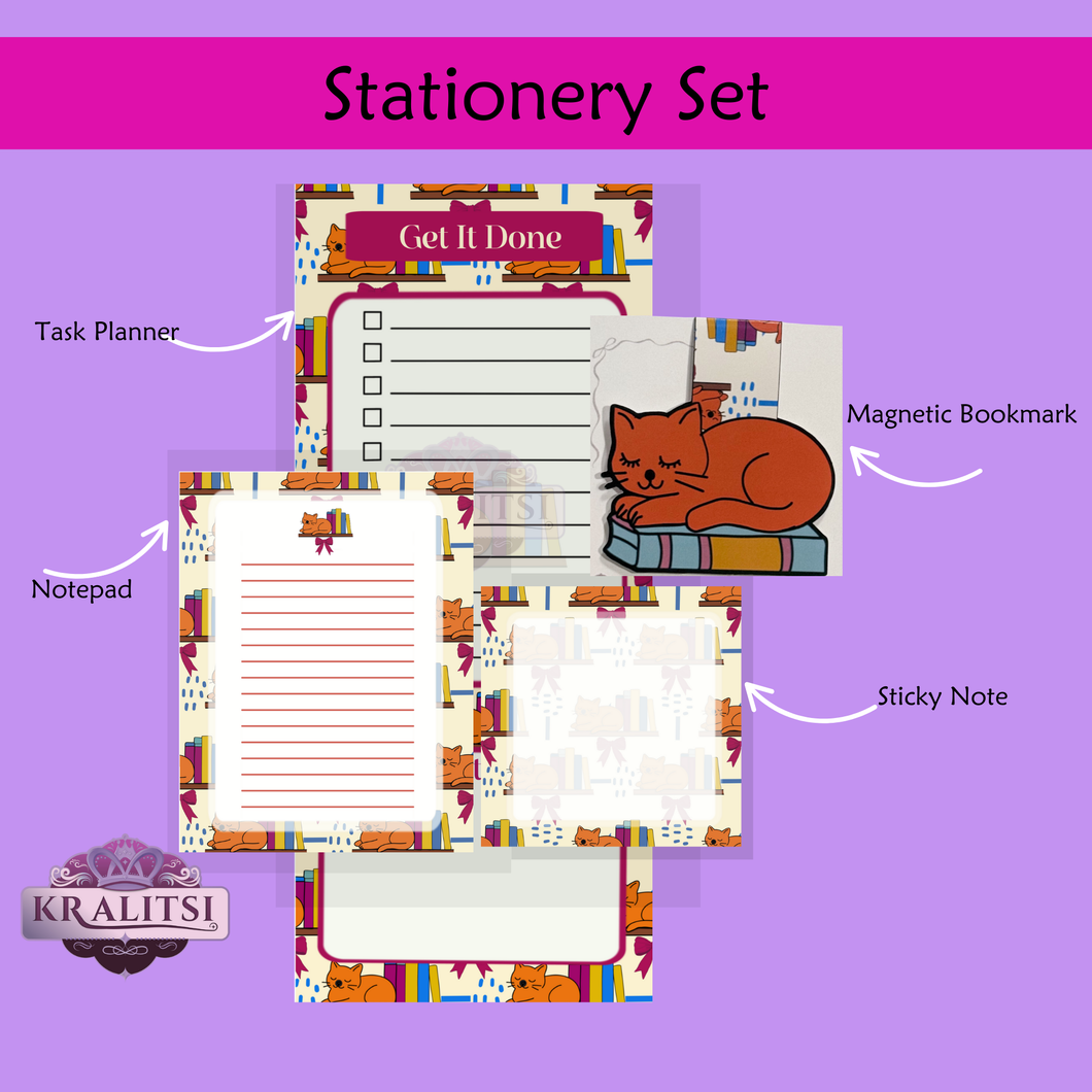 Bookish Stationery Set | Cat To-Do List, Notepad, Sticky Notes & Magnetic Bookmark | Cute Desk Accessories for Readers & Students