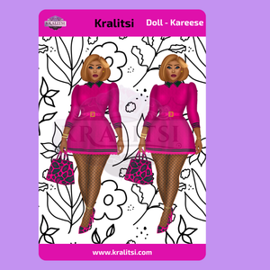 Kareese  Fashion Doll Sticker Sheet | Stylish Pink Dress Doll Stickers | Planner Stickers, Journaling Stickers, Cute Fashion Girl Art