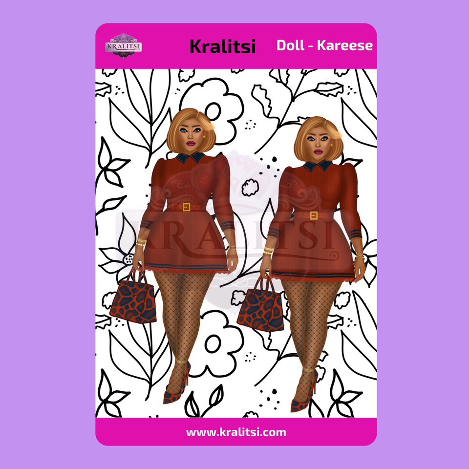 Kareese  Fashion Doll Sticker Sheet | Stylish Burnt Orange  Dress Doll Stickers | Planner Stickers, Journaling Stickers, Cute Fashion Girl Art