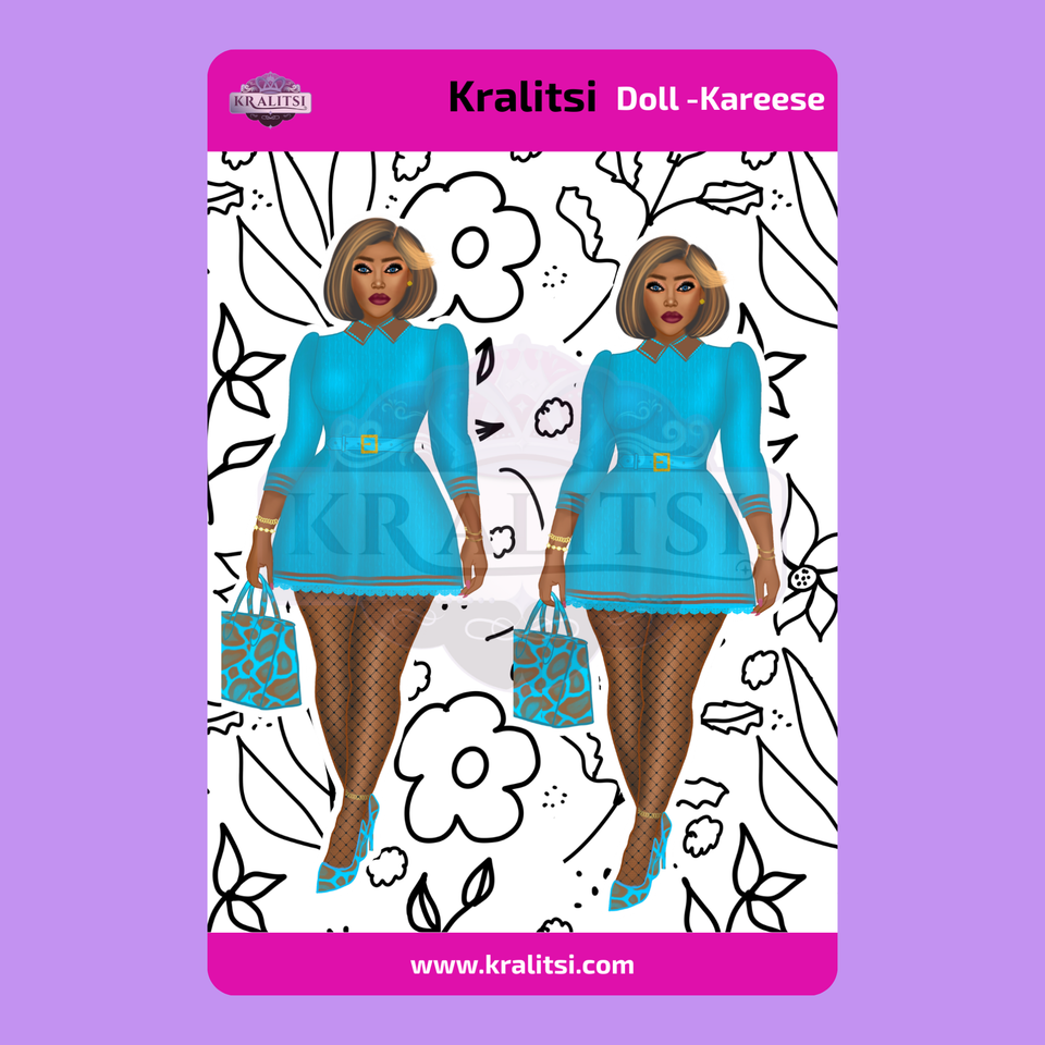 Kareese Fashion Doll Sticker Sheet | Stylish Blue Dress Doll Stickers | Planner Stickers, Journaling Stickers, Cute Fashion Girl Art