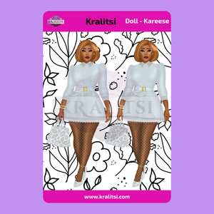 Kareese  Fashion Doll Sticker Sheet | Stylish Grey Dress Doll Stickers | Planner Stickers, Journaling Stickers, Cute Fashion Girl Art