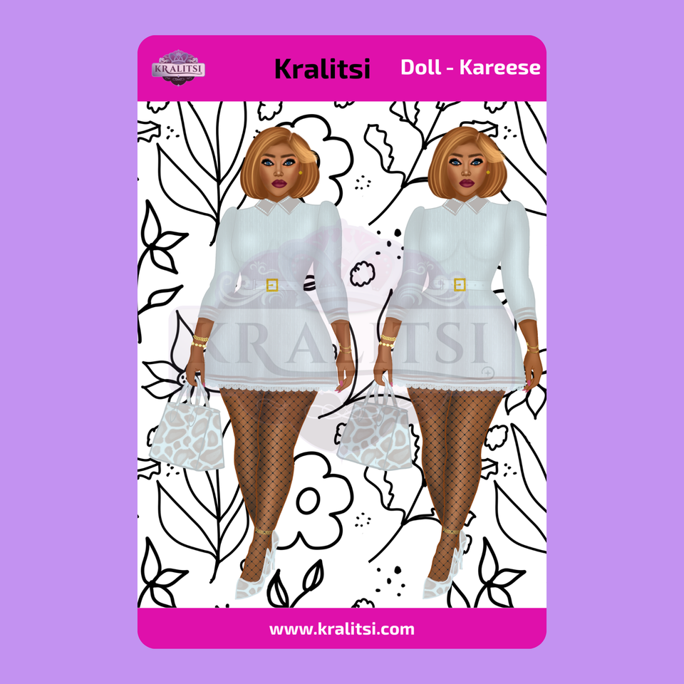 Kareese  Fashion Doll Sticker Sheet | Stylish Grey Dress Doll Stickers | Planner Stickers, Journaling Stickers, Cute Fashion Girl Art