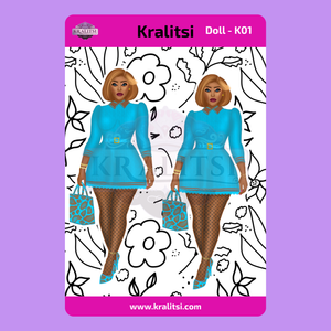Fashion Doll Sticker Sheet | Stylish Blue Dress Doll Stickers | Planner Stickers, Journaling Stickers, Cute Fashion Girl Art