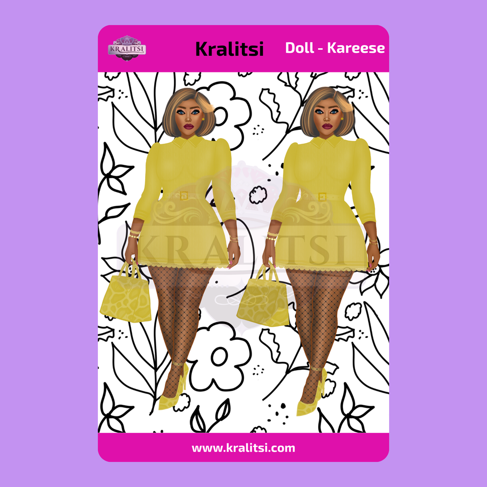 Kareese  Fashion Doll Sticker Sheet | Stylish Yellow Dress Doll Stickers | Planner Stickers, Journaling Stickers, Cute Fashion Girl Art
