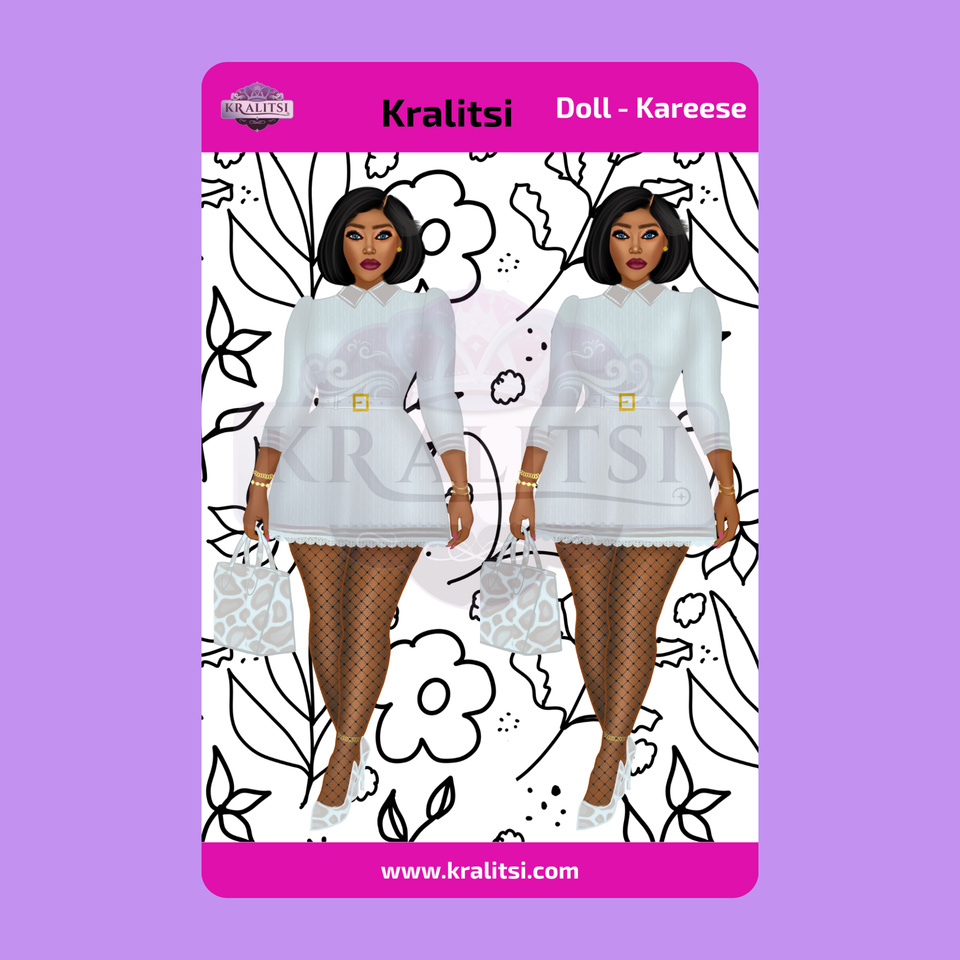 Kareese  Fashion Doll Sticker Sheet | Stylish Grey Dress Doll Stickers | Planner Stickers, Journaling Stickers, Cute Fashion Girl Art