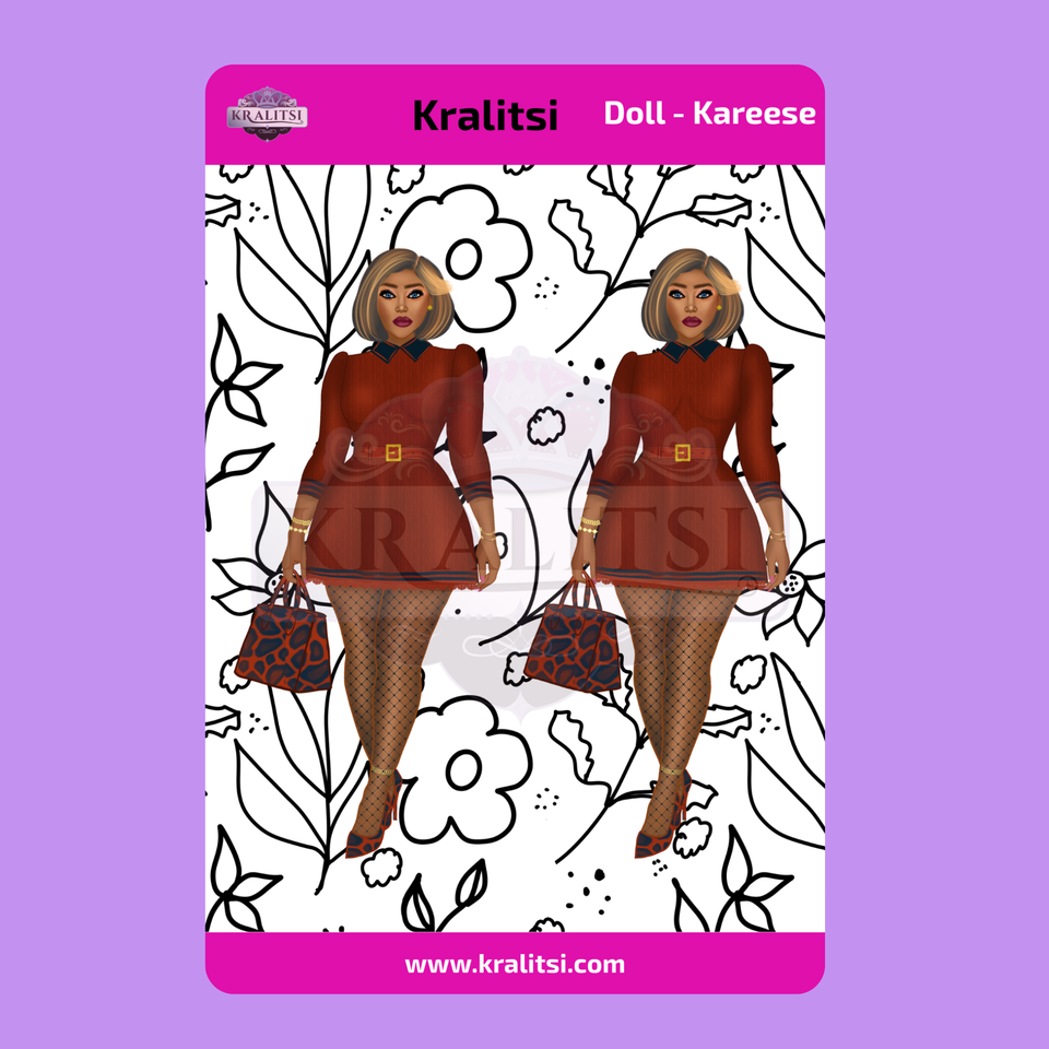 Kareese  Fashion Doll Sticker Sheet | Stylish Burnt Orange  Dress Doll Stickers | Planner Stickers, Journaling Stickers, Cute Fashion Girl Art