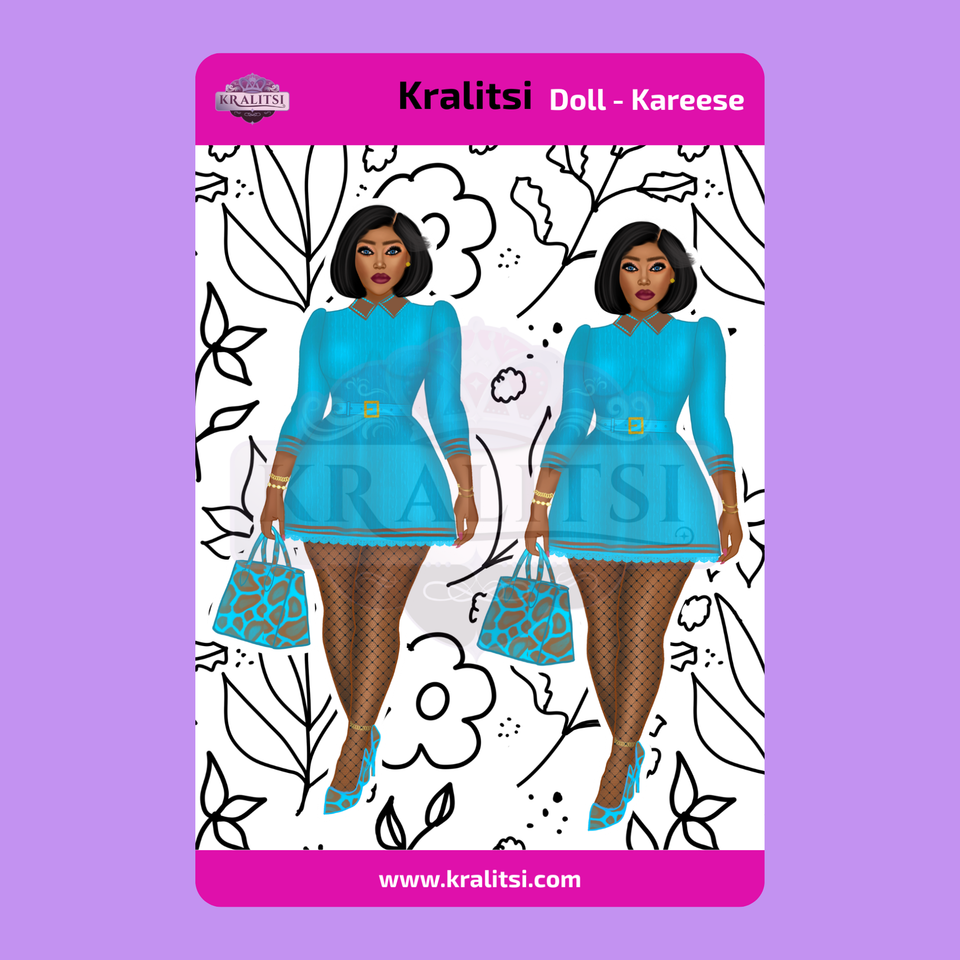 Kareese Fashion Doll Sticker Sheet | Stylish Blue Dress Doll Stickers | Planner Stickers, Journaling Stickers, Cute Fashion Girl Art