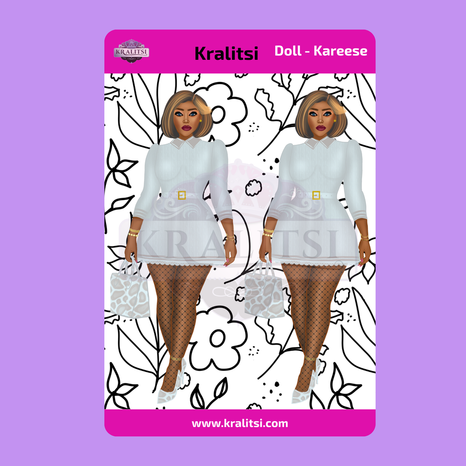 Kareese  Fashion Doll Sticker Sheet | Stylish Grey Dress Doll Stickers | Planner Stickers, Journaling Stickers, Cute Fashion Girl Art