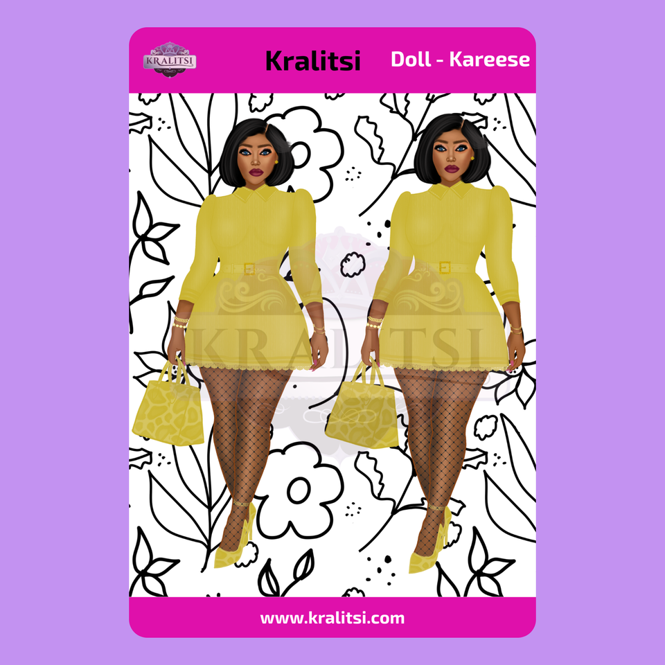 Kareese  Fashion Doll Sticker Sheet | Stylish Yellow Dress Doll Stickers | Planner Stickers, Journaling Stickers, Cute Fashion Girl Art
