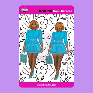 Kareese Fashion Doll Sticker Sheet | Stylish Blue Dress Doll Stickers | Planner Stickers, Journaling Stickers, Cute Fashion Girl Art