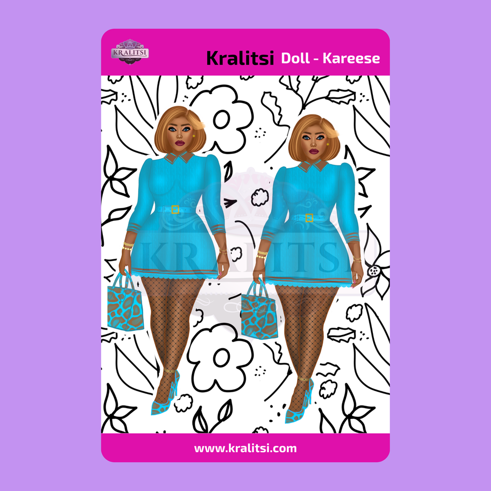 Kareese Fashion Doll Sticker Sheet | Stylish Blue Dress Doll Stickers | Planner Stickers, Journaling Stickers, Cute Fashion Girl Art