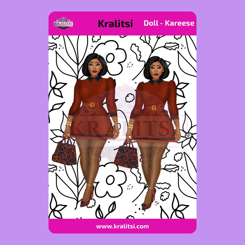 Kareese  Fashion Doll Sticker Sheet | Stylish Burnt Orange  Dress Doll Stickers | Planner Stickers, Journaling Stickers, Cute Fashion Girl Art