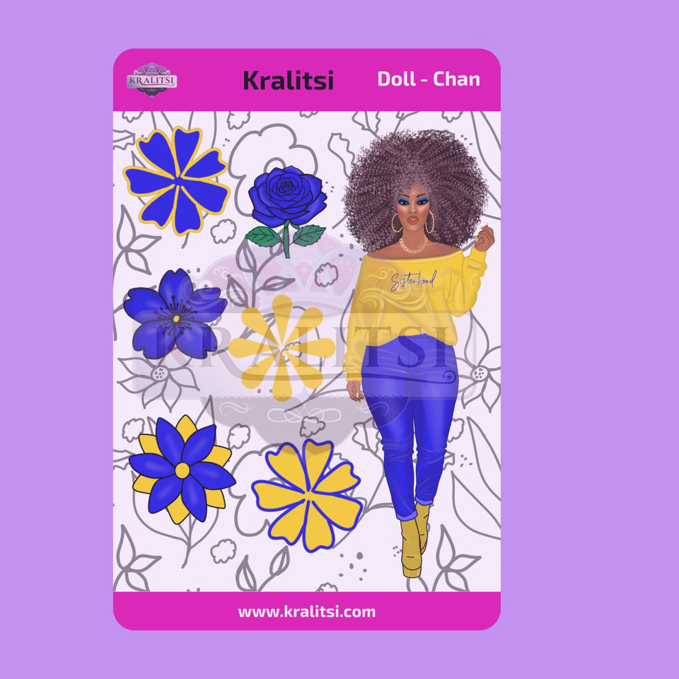 Sorority Sisterhood Sticker Sheet | Fashion Doll Stickers with Blue & Yellow Flowers | Planner Stickers, Journaling, Soror Gift