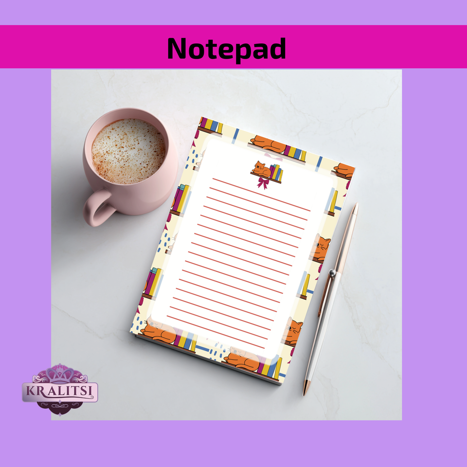 Bookish- Cute Cat Lined Notepad | Cozy Stationery Pad | Writing Paper | Cat Lover Gift | Office Desk Notepad | Cozy Book Theme