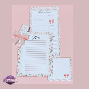 Bow & Bloom Stationery Set- Coquette Bow Daily Planner Notepad Set | Cute Pink Stationery Gift | Notes Pad + Sticky Notes + Bookmark | Aesthetic Desk Supplies