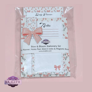 Bow & Bloom Stationery Set- Coquette Bow Daily Planner Notepad Set | Cute Pink Stationery Gift | Notes Pad + Sticky Notes + Bookmark | Aesthetic Desk Supplies